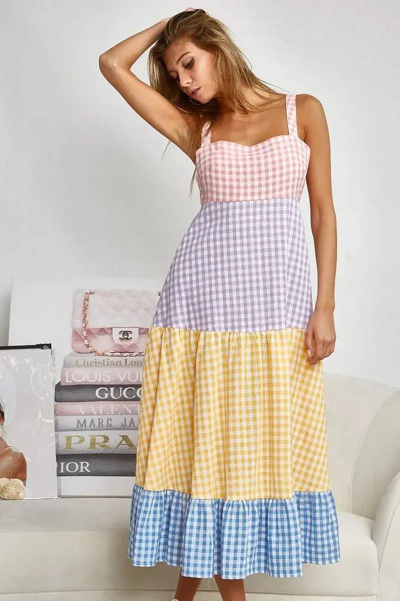BiBi Color Block Tiered Gingham Dress for Summer Fun - Love Salve